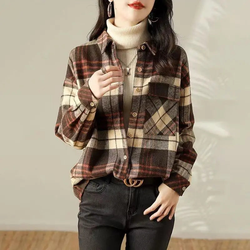 Trendy Long-Sleeve Brown Plaid Shirt