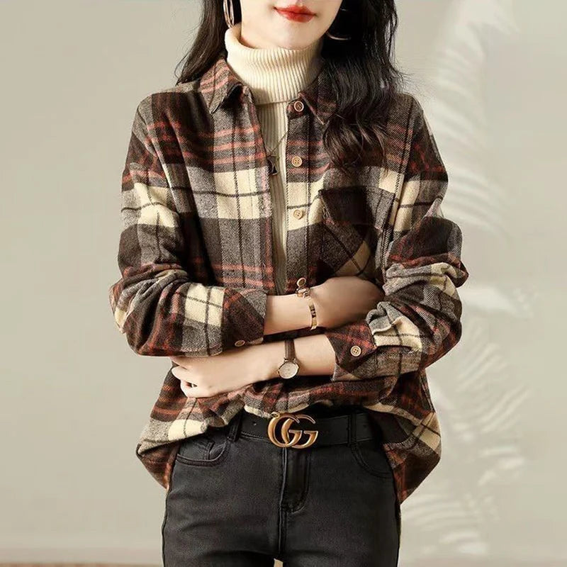 Trendy Long-Sleeve Brown Plaid Shirt