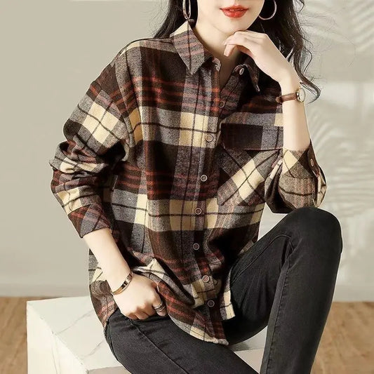 Trendy Long-Sleeve Brown Plaid Shirt