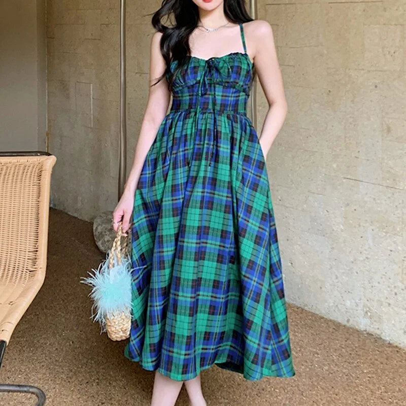 Trendy Summer Backless Plaid Dress