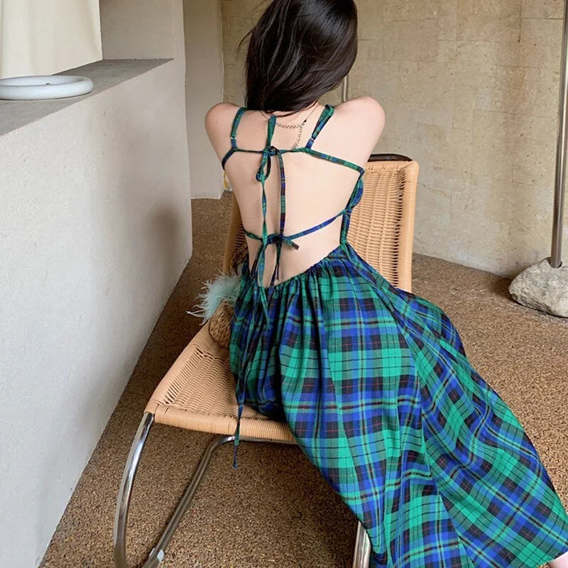 Trendy Summer Backless Plaid Dress