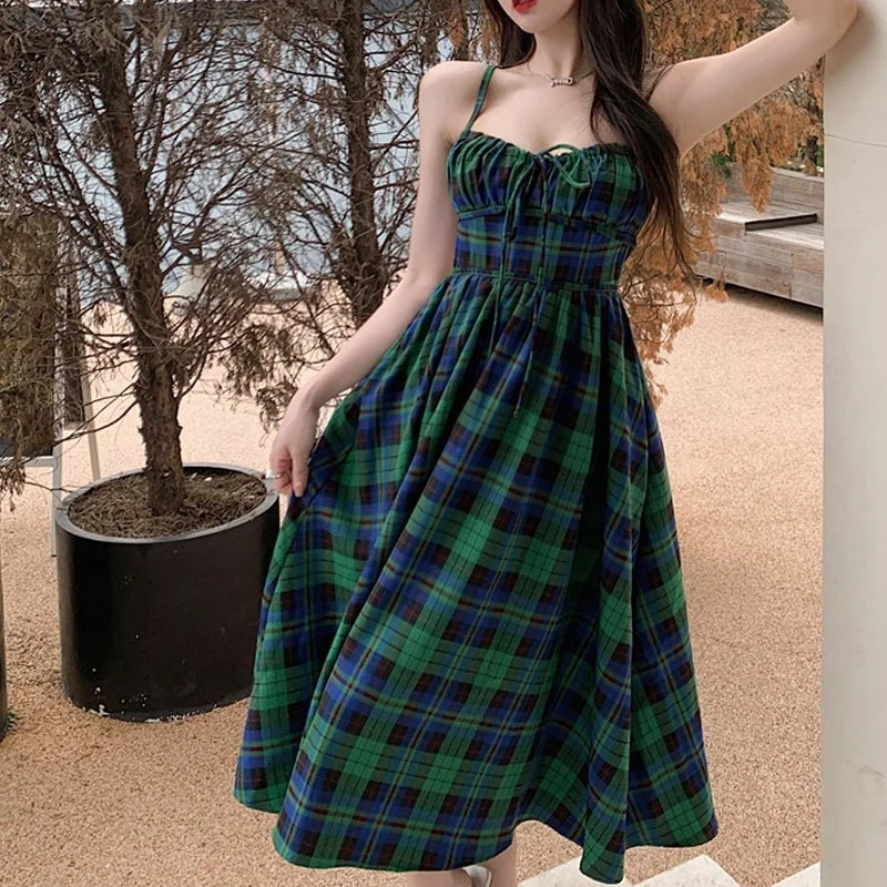 Trendy Summer Backless Plaid Dress