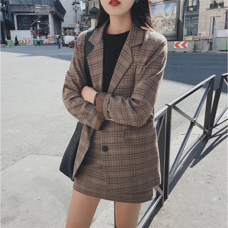 Vintage Brown Blazer and Skirt Plaid Suit