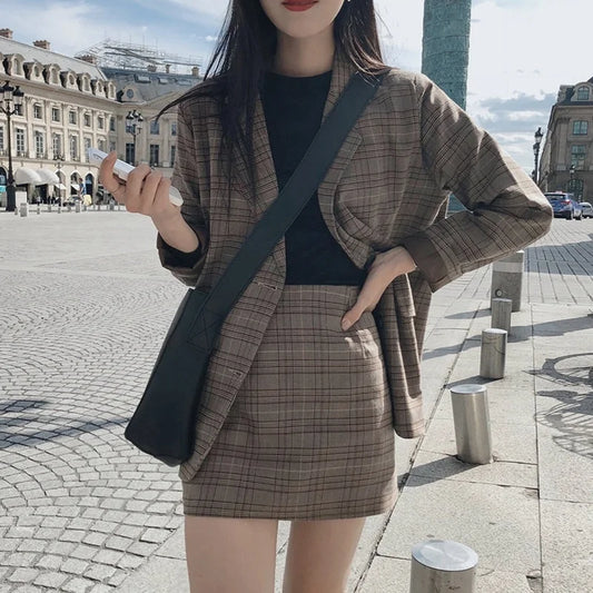 Vintage Brown Blazer and Skirt Plaid Suit