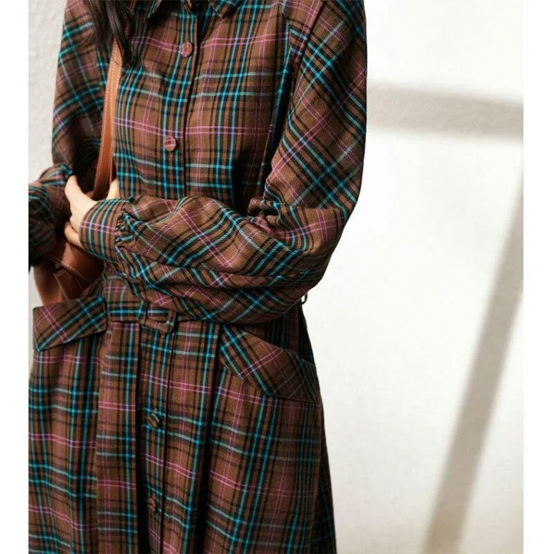 Vintage Brown Plaid Long Dress