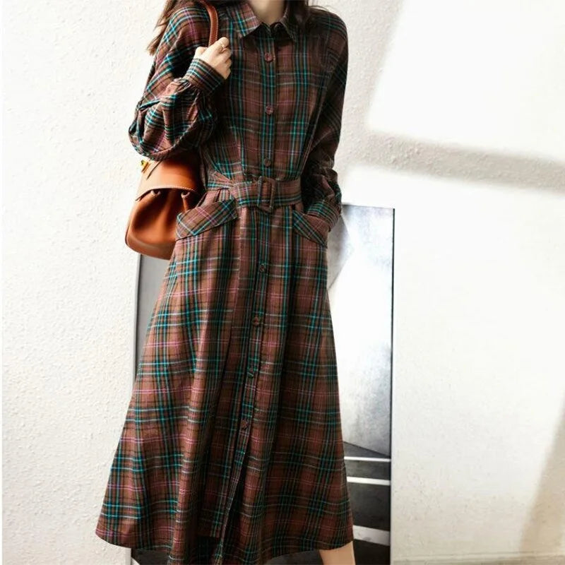 Vintage Brown Plaid Long Dress