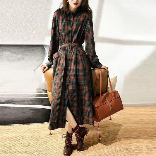 Vintage Brown Plaid Long Dress