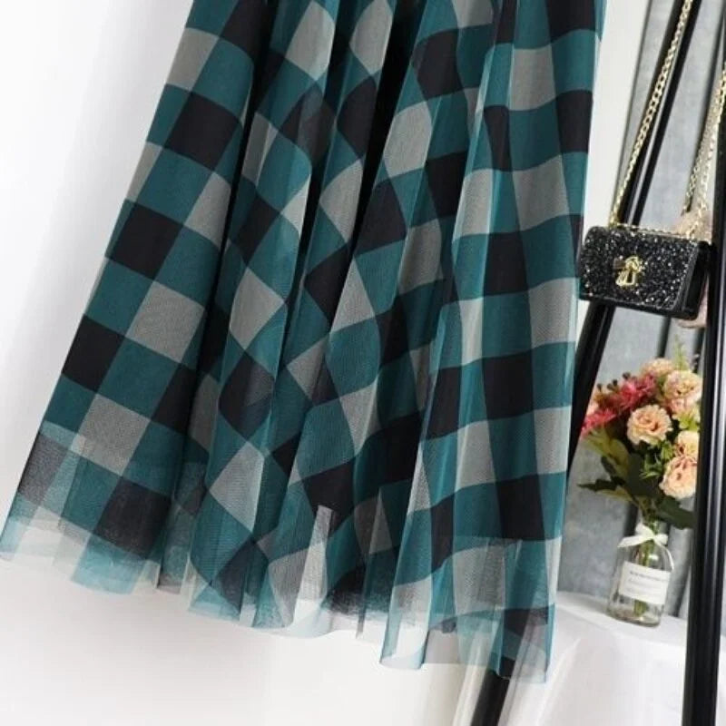 Vintage Gauze Mesh Plaid Skirt