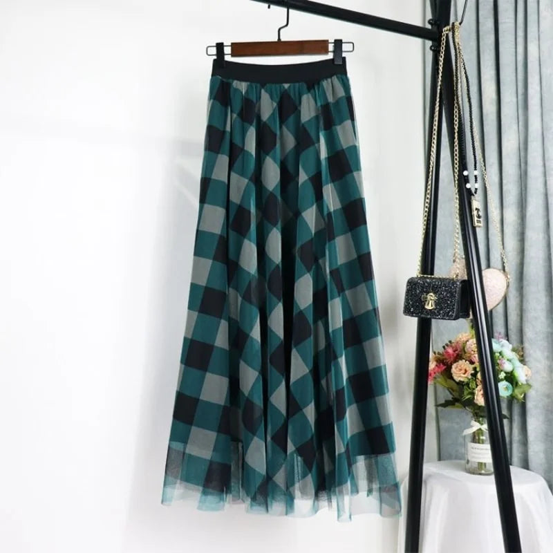 Vintage Gauze Mesh Plaid Skirt