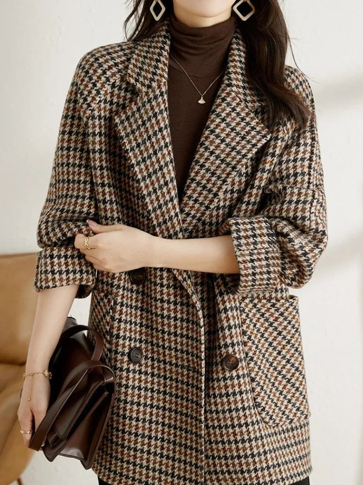 Vintage Houndstooth Woolen Plaid Blazer