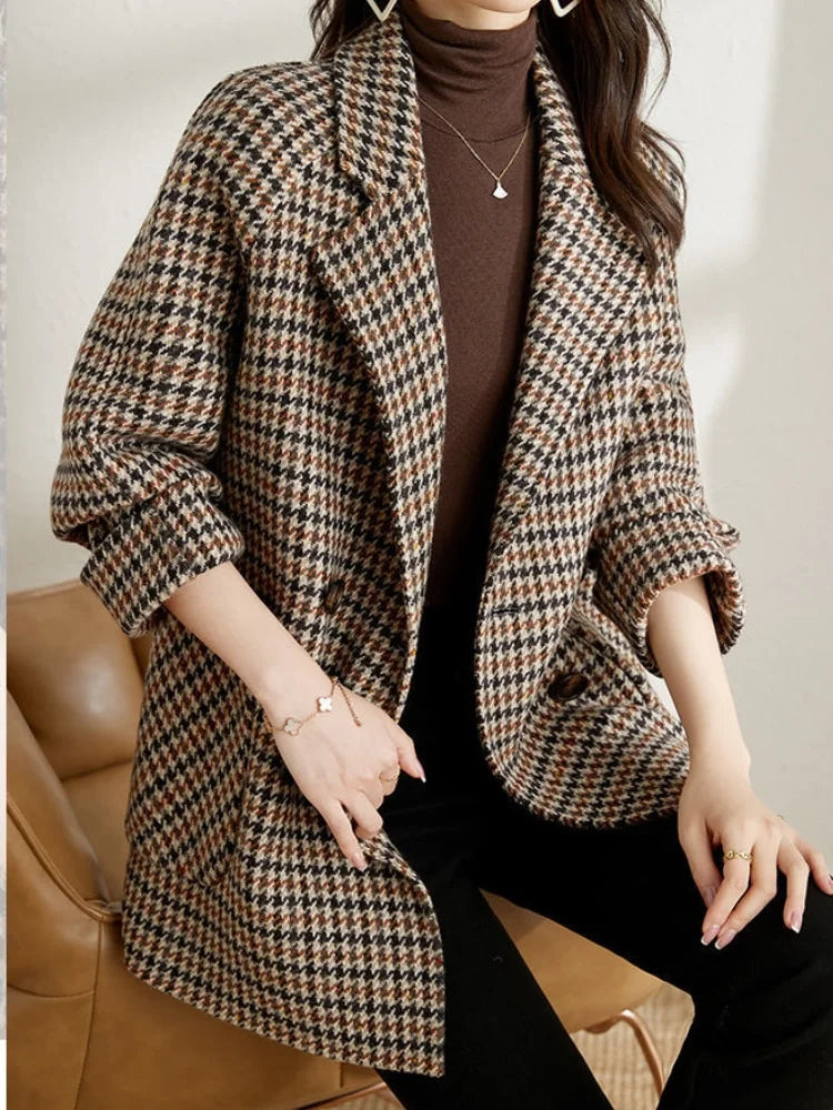 Vintage Houndstooth Woolen Plaid Blazer