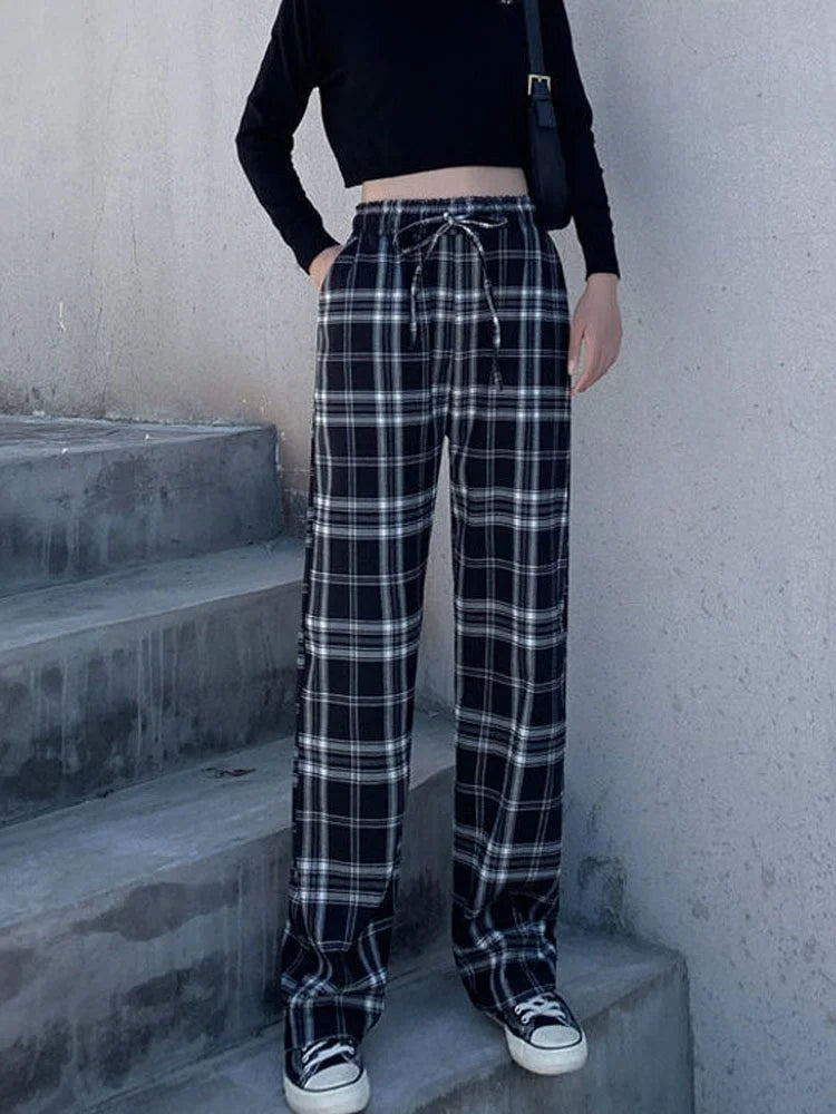 Wide High-Waisted Plaid Sport Pants