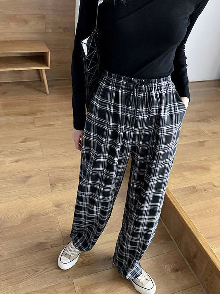 Wide High-Waisted Plaid Sport Pants