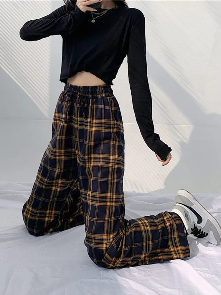 Wide High-Waisted Plaid Sport Pants