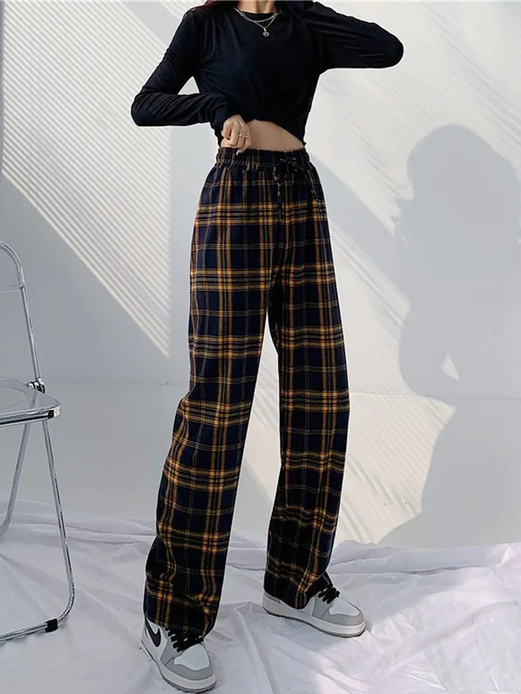 Wide High-Waisted Plaid Sport Pants